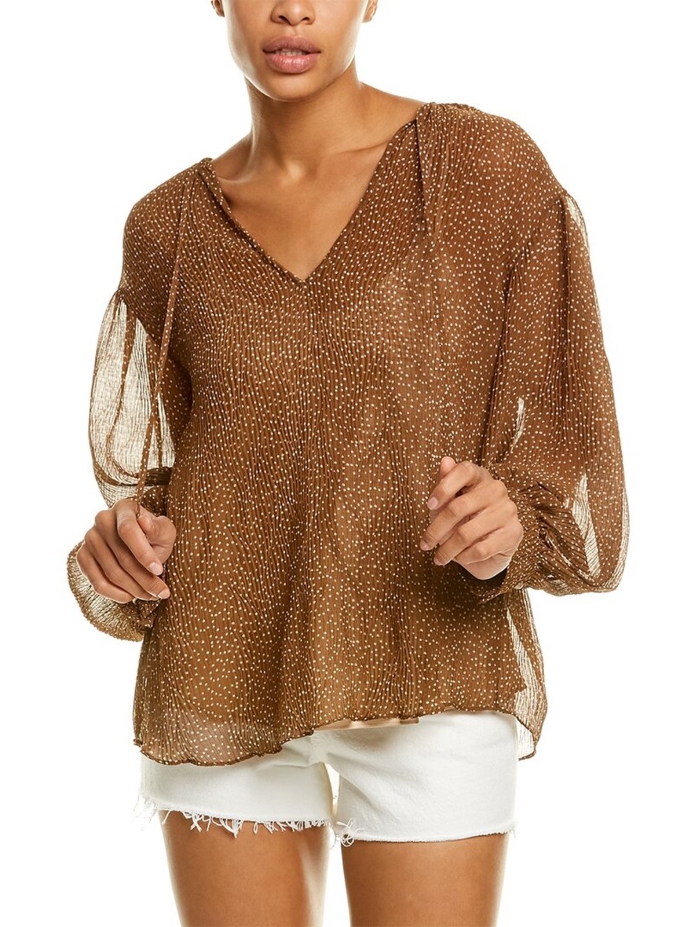 Vince - Starry Dot Brown Sheer Shirred Neck Blouse 2 Piece Set with Camisole
